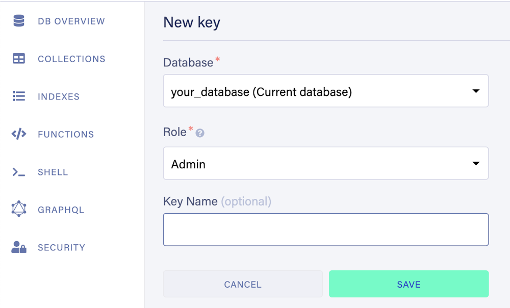 Screenshot showing how to generate a FaunaDB database API key